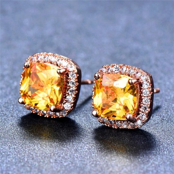 *NEW 18K Rose Gold Citrine Diamond Halo Earrings - Picture 2 of 6